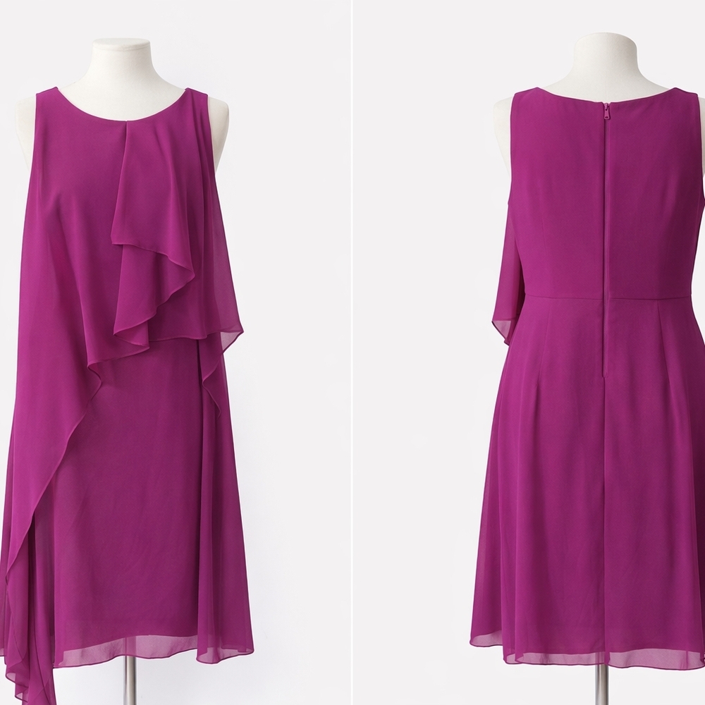 Belle by Badgley Mischka Magenta Chiffon Overlay Dress | Size 14